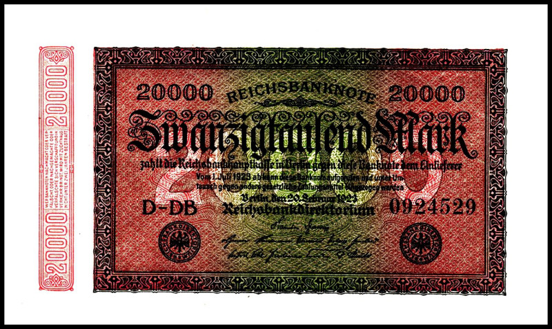 Inflation von 1919/1924. 
20 Tsd. Mark 20.2.1923 KN 7stellig,Wz. Hakensterne. R...