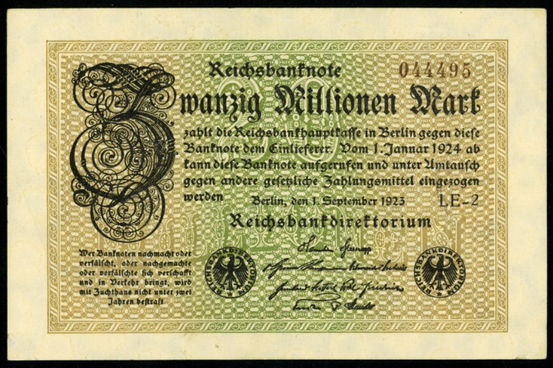 Inflation von 1919/1924. 
20 Mio. Mark 1.9.1923 Wz. Ringe und Hakensterne (7 St...