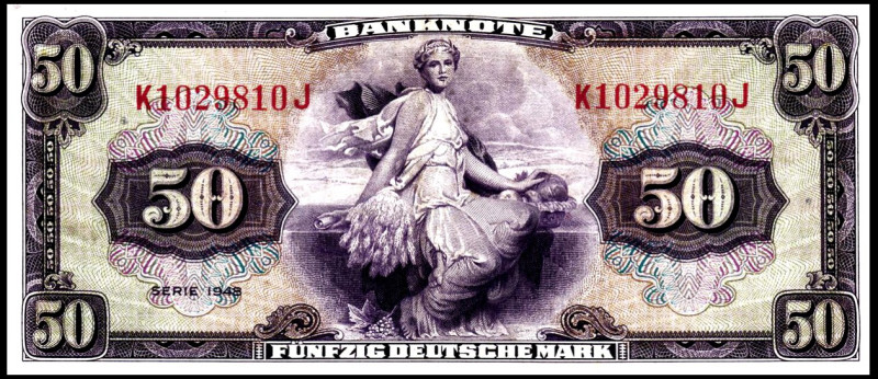 Bundesrepublik. 
Bank Deutscher Länder. 
50 DM 1948 K vor der KN, Serie J. Ros...