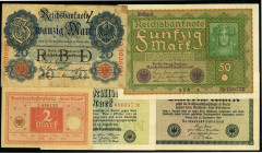 Sammlungen und Lots 1871 bis heute. 
Kaiserreich bis Inflation 1923. Lot Besonderheiten wie niedrige Nummern, Serie AAAa, 6 Scheine. Ros. 47b, 62a, 6...