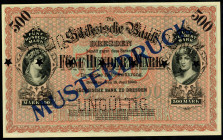 Ländernotenbanken. 
Sächsische Bank Dresden. 
500 Mark 15.6.1890 Musterdruck"Ungültig" mehrfach sternförmig gelocht,ohne KN. Ros. Sax.7. . 


ent...