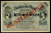 Ländernotenbanken. 
Sächsische Bank Dresden. 
100 Mark 15.6.1890 Musterdruck"Ungültig" mehrfach sternförmig gelocht,ohne KN. Ros. Sax.6. . 


ent...