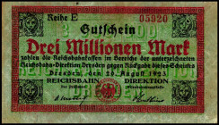 REICHSBAHN. 
Dresden, Reichsbahndirektion. 3 Mio.Mark 16.8.1923 Reihe D, G, E, F. Mü-Ge. 005.6. (4 Stück). 


II