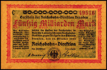 REICHSBAHN. 
Dresden, Reichsbahndirektion. 50 Mrd.Mark 26.10.1923. Mü-Ge. 005.9. . 


unten kl.Riss, I-II