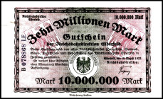 REICHSBAHN. 
Elberfeld, Reichsbahndirektion. 10 Mio.Mark 18.8.1923. Mü-Ge. 006.7a. . 


Rs.Kleber Reste, eine kl.Fehlstelle , III