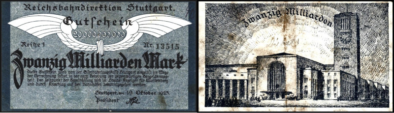 REICHSBAHN. 
Stuttgart, Reichsbahndirektion. 1 Mrd.Mark 26.9.1923,20 Mrd.Mark (...