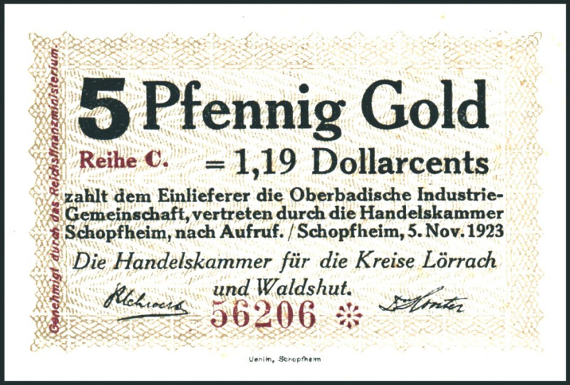 BADEN. 
Schopfheim Handelskammer d.Kr.Lörrach u.Waldshut. 1,2,5 Pf. Gold 5.11.1...