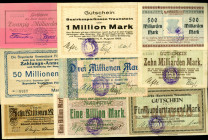 BAYERN. 
Sammlungen / Lots. 
Bayern. Bayern-Lot 1919 u.1923 Traunstein : 5, 10, 20, ( je 2 stück) 50, 100 Mark von 20.04.1919.1, 2, 3 Mio.Mark , 500...