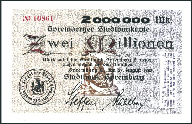 BRANDENBURG /- BERLIN. 
Spremberg, Stadtbank. 1 Mio. M. 16.8.1923 ohne u. mit S...