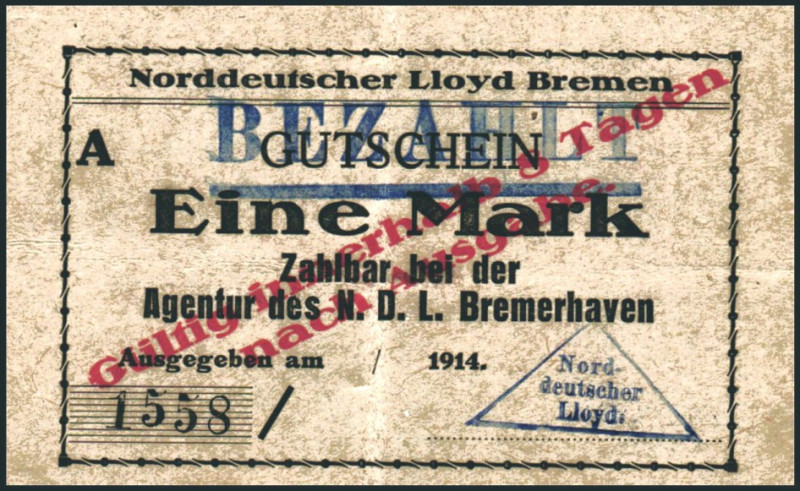 BREMEN. 
Bremerhaven, Norddeutscher Lloyd. 1,3 Mk.(je 2 versch.) 1914 entw. D. ...