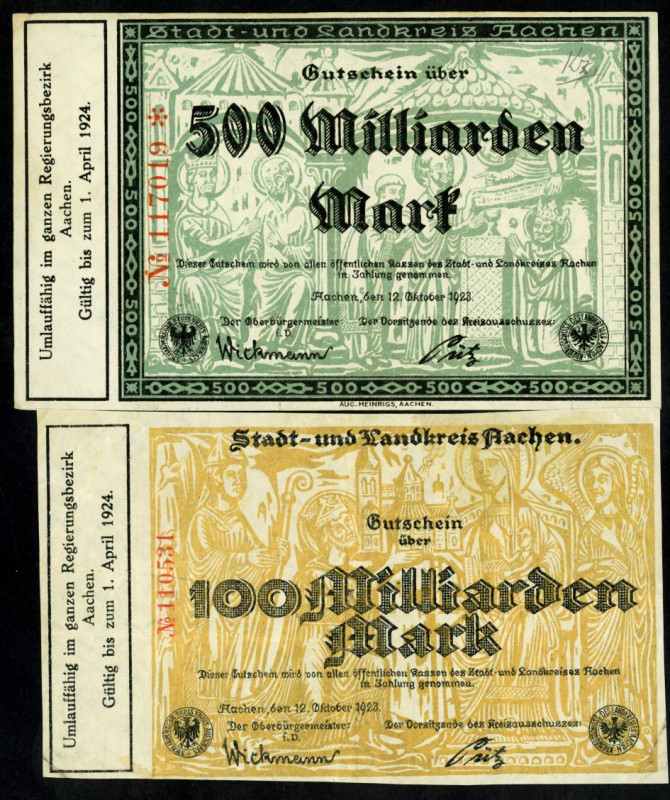 RHEINLAND. 
Aachen, Stadt u. Landkreis. 100, 500 Mrd. Mark 12.10.1923 -1.4.1924...