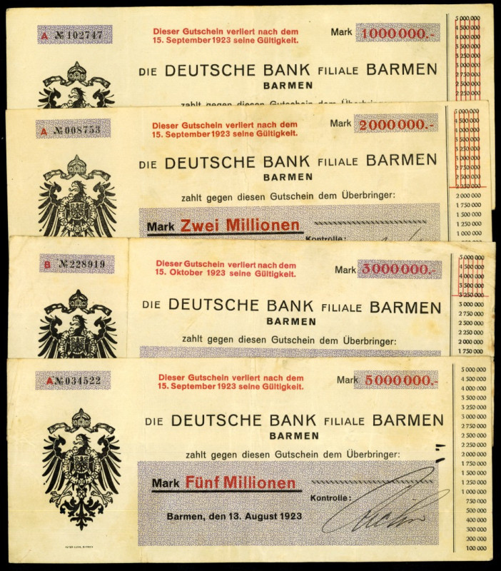 RHEINLAND. 
Barmen, Deutsche Bank. 2x 1 Mio.Mark 13.8.1923 -15.9.1923 Serie A ....