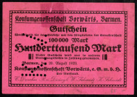 RHEINLAND. 
Barmen, Konsumverein. 100.000, 500.000 Mark 20.8.1923 Entwertet. Ke. 249b, v.E. 71.2,3. (2). 


III kl.Fleck.Ecke fehlt.