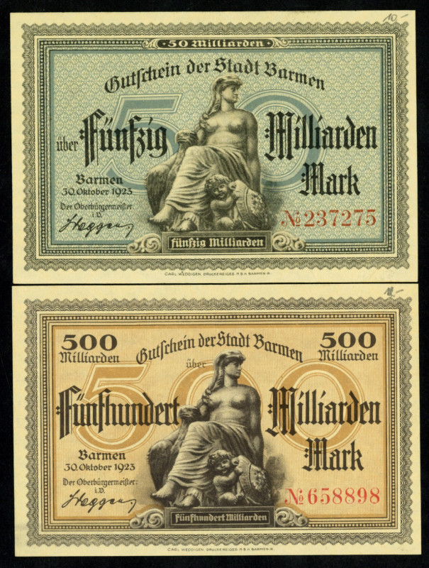 RHEINLAND. 
Barmen, Stadt. 2x50, 500 Mrd. Mark 30.10.1923. Ke.VI. 235s, v.E. 30...