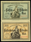 RHEINLAND. 
Barmen, Stadt. 2x50, 500 Mrd. Mark 30.10.1923. Ke.VI. 235s, v.E. 30.31,32. (3). 


I-II