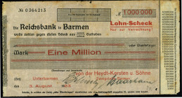 RHEINLAND. 
Barmen, v.d.Heydt-Kersten & Söhne. 1 Mio.Mark 3.8.1923 Schecks auf Reichsbank in Barmen. Wz Reichsbank. v.E.&nbsp; 59.1. . 


IV.R.