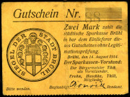 RHEINLAND. 
Brühl, Sparkassen-Vorstand.. 2 Mk 14.08.1914. Entwertet. v.E 189. 3b., Die. 3.c. . 


III