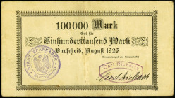 RHEINLAND. 
Burscheid, Städtische Sparkasse. 100 T. Mark August 1923 Carl Richartz. v.E .-, Ke. 696.-. . 


II-III