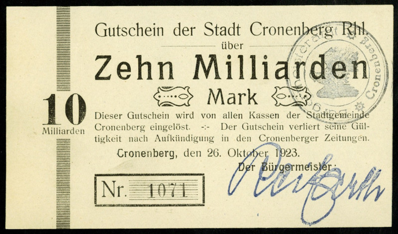 RHEINLAND. 
Cronenberg, Stadt. 10, 20, 50 Mrd. Mark 26.10.1923. Ke.&nbsp; 934h,...