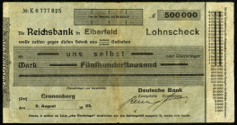 RHEINLAND. 
Cronenberg, Stadt. 500.000 Mark 9.8.1923 Lohnschecks auf Reichsbank in Elberfeld.Wz.Reichsbank. v.E.&nbsp; 269.28. . 


III - IV