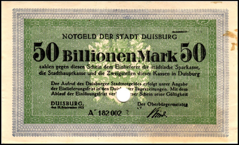 RHEINLAND. 
Duisburg, Stadt. 10, 20, 50 Bio.Mark. 25.9.1923 (3). v.E. 390,40 .4...