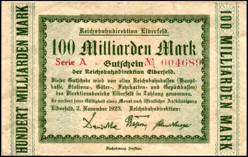 RHEINLAND. 
Elberfeld, Reichsbahndirektion. 100 Mrd. Mark 2.11.1923. v.E 521.14...