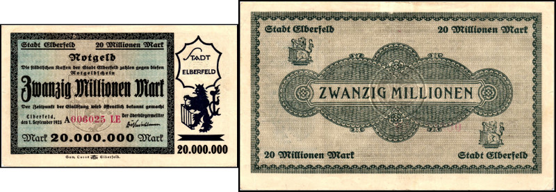 RHEINLAND. 
Elberfeld, Stadt. 10, 20 Mio.Mark 1.9.1923. v.E. 453.67,68. (4). 
...