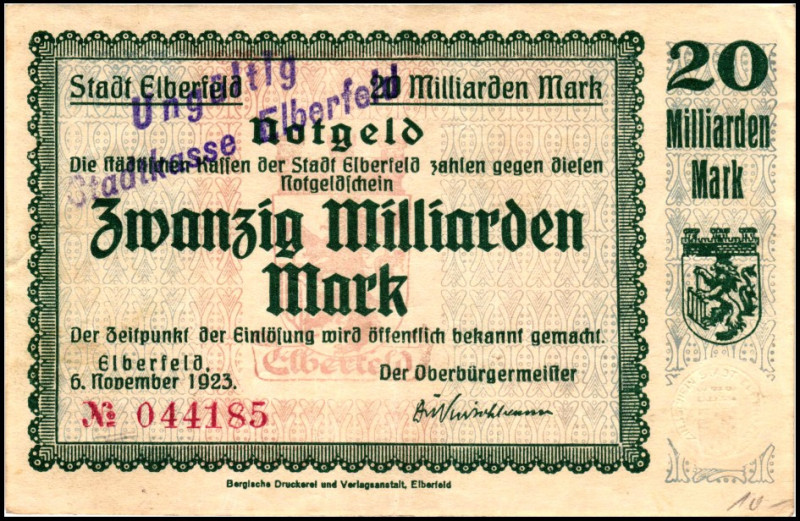 RHEINLAND. 
Elberfeld, Stadt. 20 Mrd.Mark 12.11.1923. v.E. 453.87. (3). 


1...