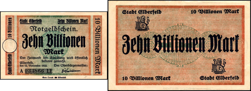 RHEINLAND. 
Elberfeld, Stadt. 2x 10 Bio.Mark 12.11.1923. v.E. 453.94. (2). 

...