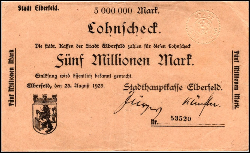 RHEINLAND. 
Elberfeld, Stadthauptkasse Elberfeld. 5 Mio.Mark 14.8.1923 -23.8.19...