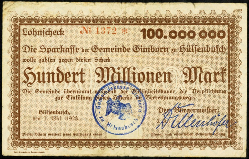 RHEINLAND. 
Hülsenbusch, Gemeinde Gimborn. 100 Mio. Mark 1.10.1923 Druck braun....