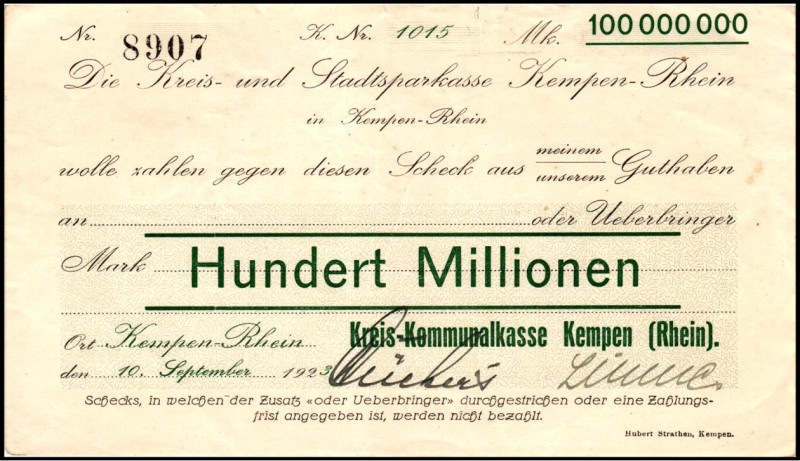 RHEINLAND. 
Kempen, Kreiskommunalkasse. 100 Mio. Mark 10.9.1923 Druckfirma 21mm...