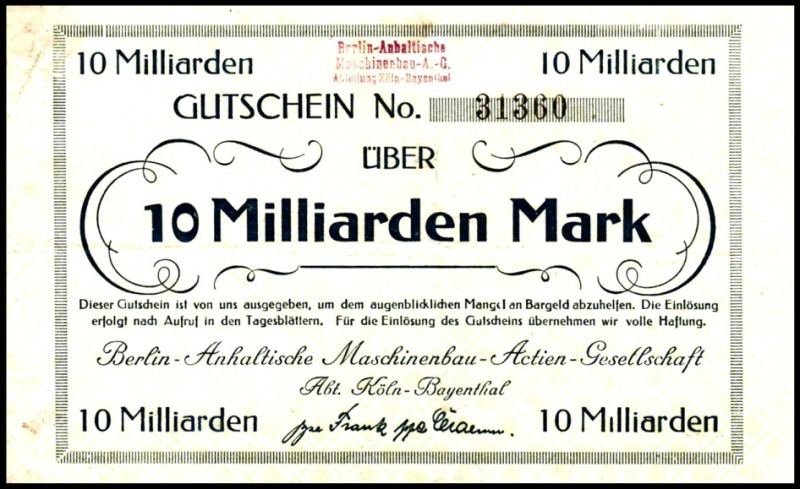 RHEINLAND. 
Köln-Bayenthal, BAMAG. 10 Mrd.Mark o.D. 15.9.1923. v.E.&nbsp; 835.3...