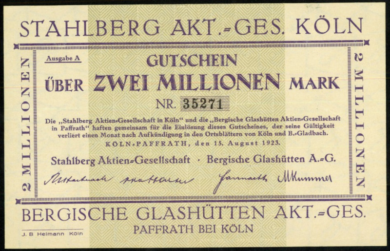 RHEINLAND. 
Köln-Paffrath, Stahlwerk-AG / Berg.Glashütt.-AG. 2 Mio. Mark 15.08....