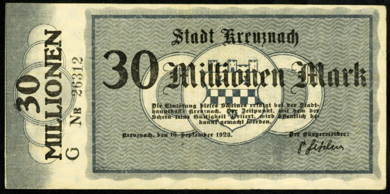 RHEINLAND/-PFALZ. 
Kreuznach, Stadt. 1,5 Mio.Mark Mark 10.8.1923 -1.9.1923,2x30...