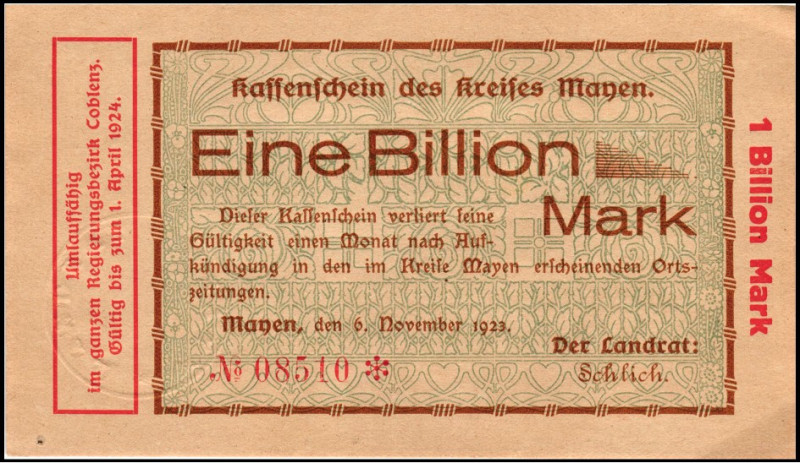 RHEINLAND/-PFALZ. 
Mayen, Kreis, Separatausgaben. 1 Bio.Mark 6.11.1923- 1.4.192...