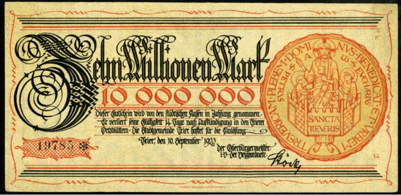 RHEINLAND/-PFALZ. 
Trier, Stadt. 2x 10 Mio. Mark 10.9.1923 (Wz.Kreuzmäander und...