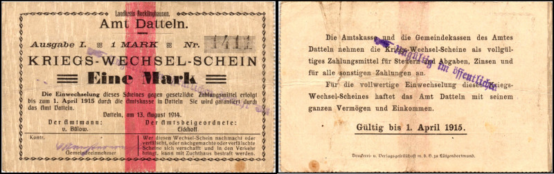 WESTFALEN/-LIPPE. 
Datteln, Amt. 1/2,1,3 Mark 13.8.1914 entw. (3). (3). 


I...