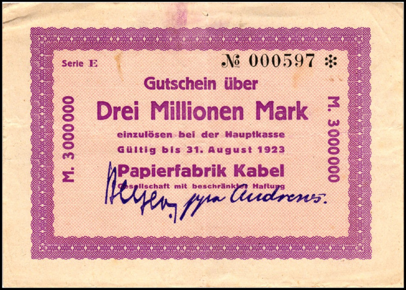 WESTFALEN/-LIPPE. 
Kabel, Papierfabrik. 100T,1,2,3 Mio.M., 31.8.1923 handschr.1...