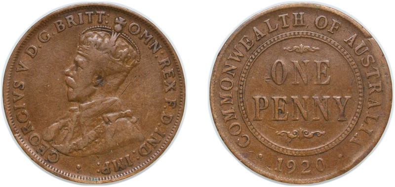 Australia Commonwealth 1920 1 Penny - George V (NO DOTS) Bronze 9.24g VF KM 23 S...