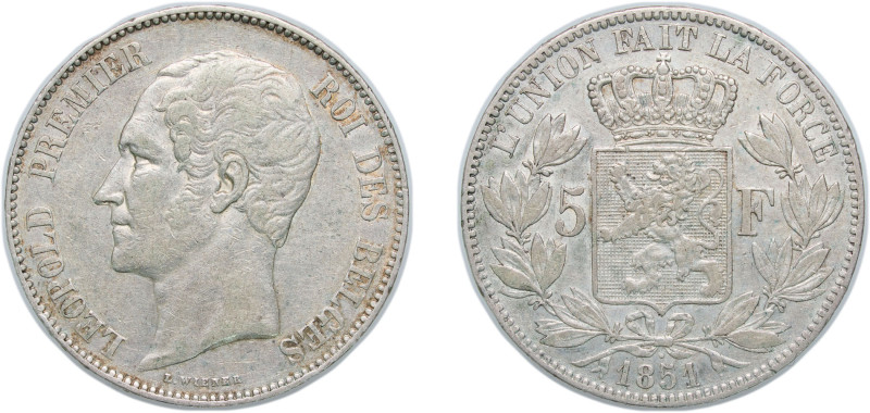 Belgium Kingdom 1851 5 Francs - Léopold I Silver (.900) Brussels Mint (3707922) ...