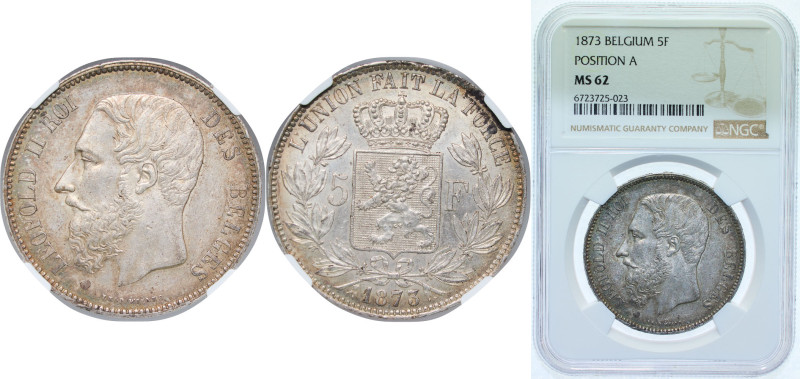 Belgium Kingdom 1873 5 Francs - Léopold II (small head) Silver (.900) Brussels M...