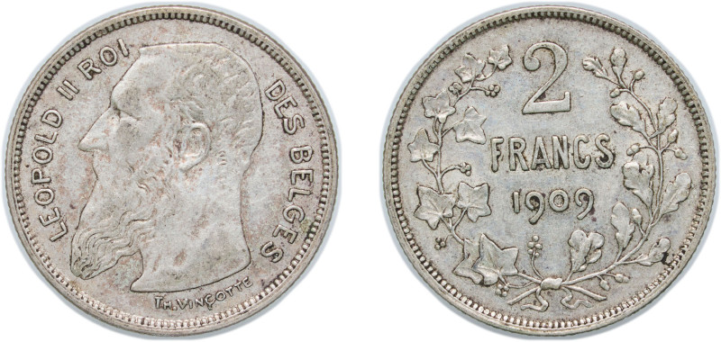 Belgium Kingdom 1909 2 Francs - Léopold II (French text) Silver (.835) Brussels ...