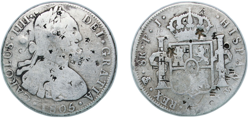 Bolivia Spanish colony 1805 PTS PJ 8 Reales - Carlos IV Silver (.896) Potosi Min...