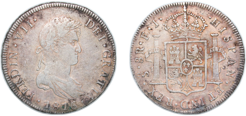 Chile Spanish colony 1816 So FJ 8 Reales - Fernando VII Silver (.896) Santiago M...