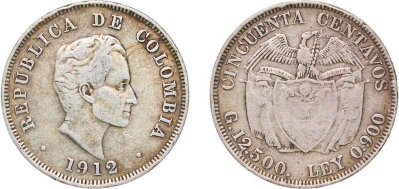 Colombia Republic 1912 50 Centavos Silver (.900) (1207000) 12.3g VF KM 193