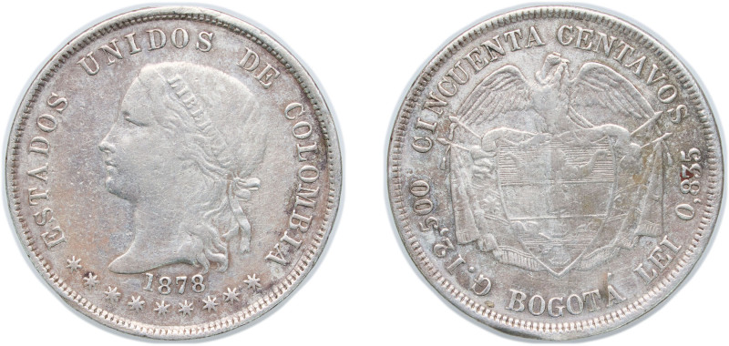 Colombia United States of Colombia 1878 BOGOTA 50 Centavos Silver (.835) Bogota ...