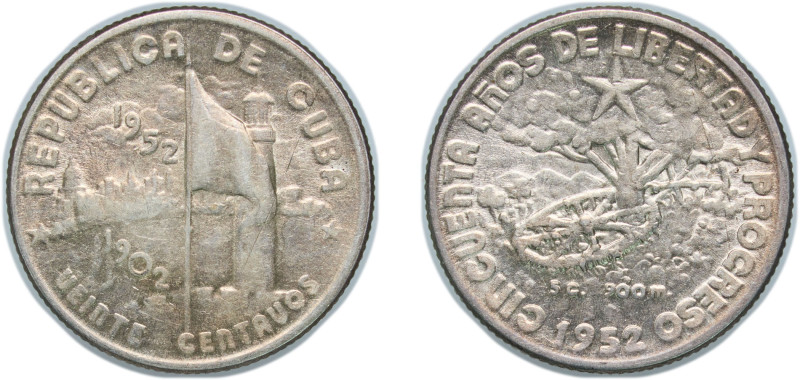 Cuba First Republic 1952 20 Centavos (50th. Anniversary of the Republic) Silver ...