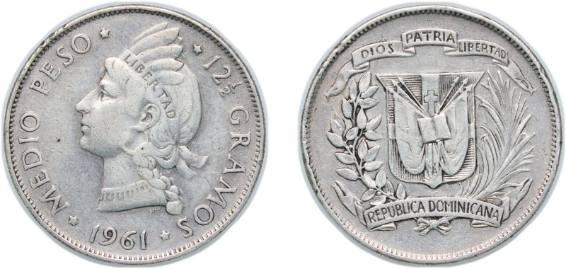 Dominican Republic Third Republic 1961 ½ Peso Silver (.900) Bern Mint (400000) 1...