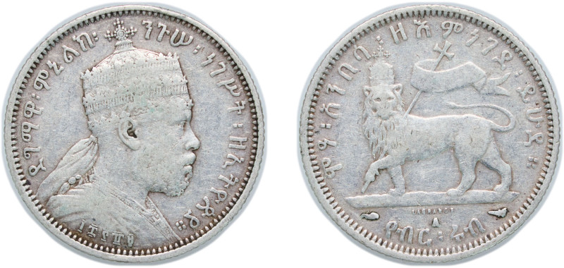 Ethiopia Empire EE 1889 (1897) A ¼ Birr - Menelik II Silver (.835) Paris Mint (4...